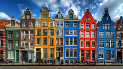 Colorful Dutch canal houses line a lively urban street.