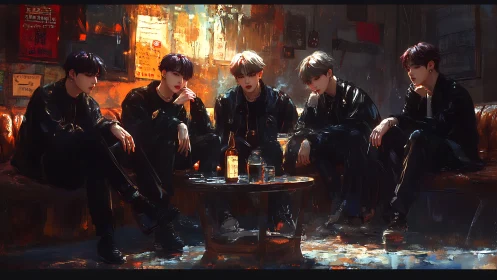 Leather-clad midnight conspirators orbit a lonely bottle