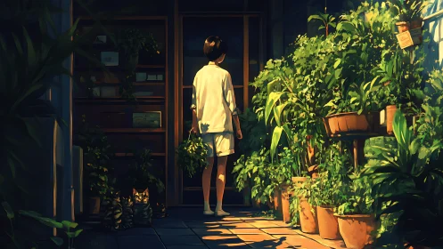 Sunlit indoor garden with solitary figure and lush greenery.