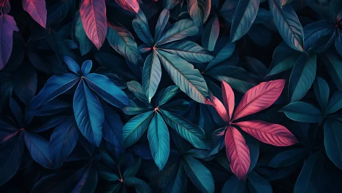 Neon foliage pattern with teal and magenta tropical leaves.