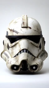 Weathered sci‑fi trooper helmet in frontal studio view.