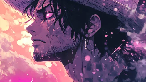 Scarred anime man with glowing eyes in pink sunset haze.