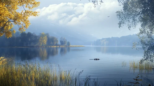 Golden lakeside morning invites calm reflection and gentle wonder