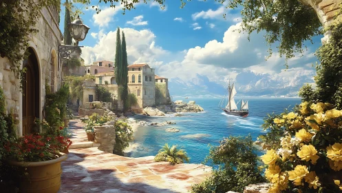 Sunlit Mediterranean harbor terrace with sailing boat vista.