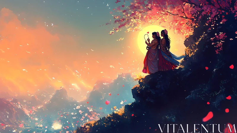 Divine lovers stand in glowing sunset halo above valley.