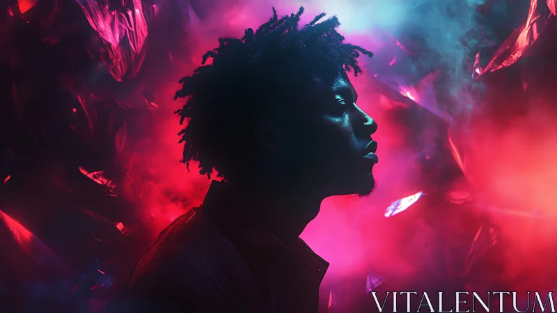 Profile silhouette of man in neon red and blue atmospheric light