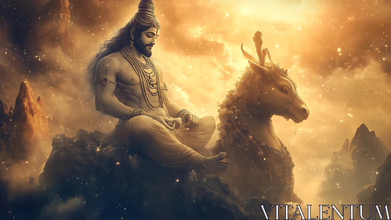 Mythic seated deity with bull mount amid glowing clouds.