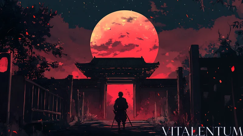 Silhouetted swordsman stands before gate under large red moon