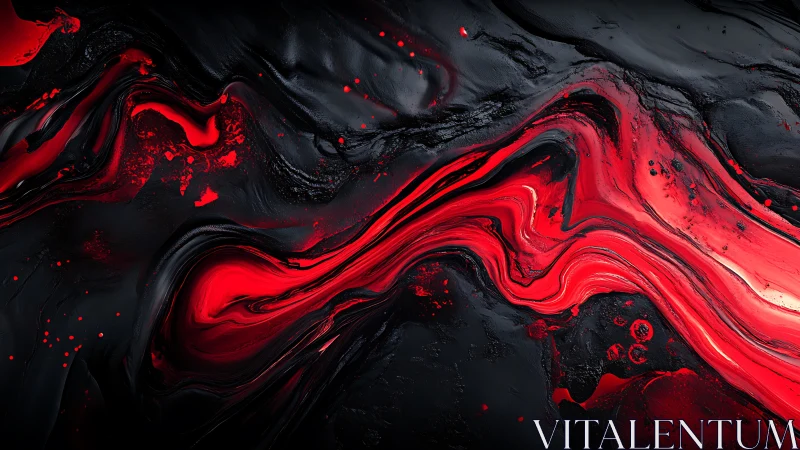 High-contrast red fluid ribbons across textured black field