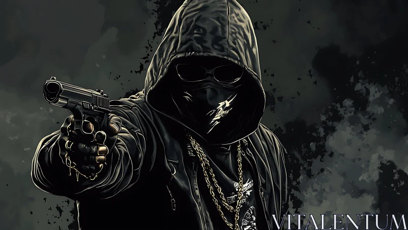 Hooded masked gunman aims weapon in gritty digital artwork.