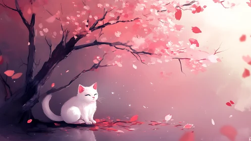 White Felid Under Cherry Blossom Tree with Particle Debris Field