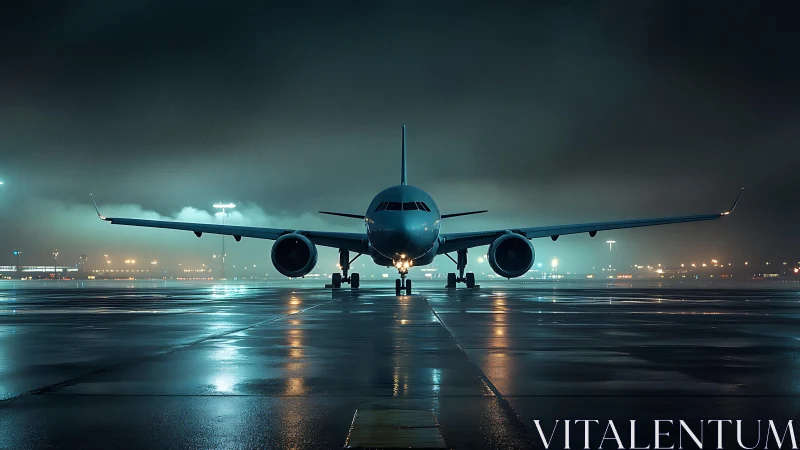 Passenger jet on wet runway under night airport lights.