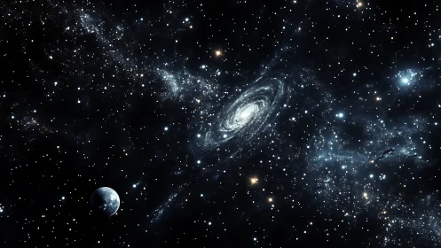 Spiral galaxy panorama with distant Earth in star-dense void.