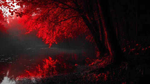 Crimson forest canopy over mirror-still twilight waterway.