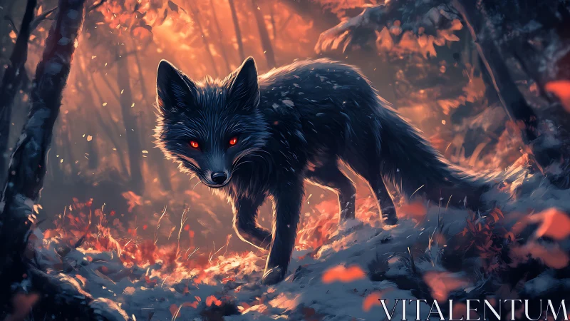 Enigmatic black fox with glowing eyes stalks a fiery forest.
