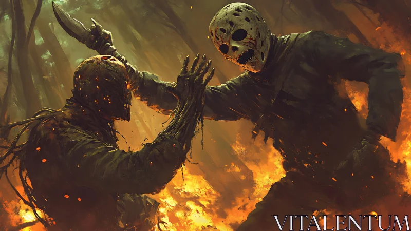 Masked slasher duel ignites a forest of burning nightmares.