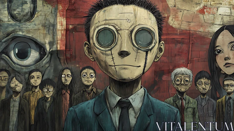 Distorted crowd portrait with goggled protagonist and cracked mask