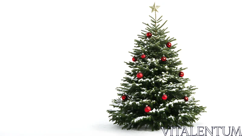 Snow covered Christmas tree with red baubles on white background