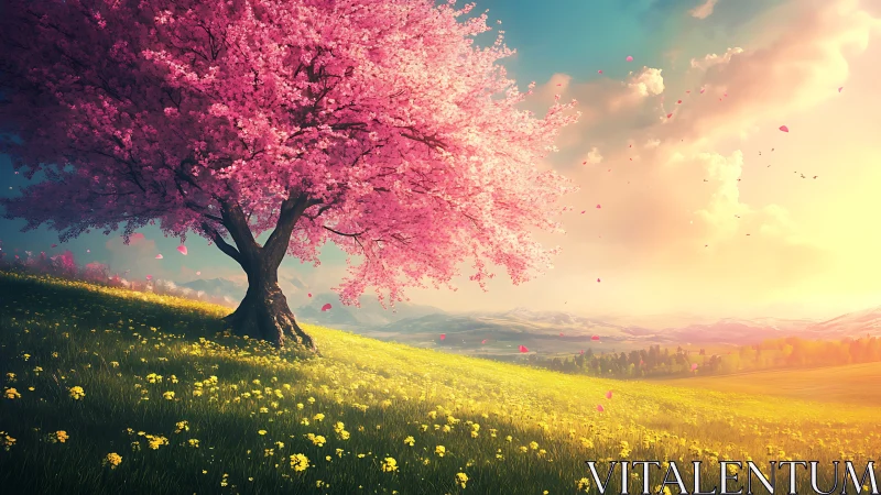 Spectral springtime cherry tree on sunlit gradient hillside.