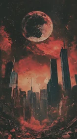 Ruined high rise city under enlarged red-tinted moonscape.