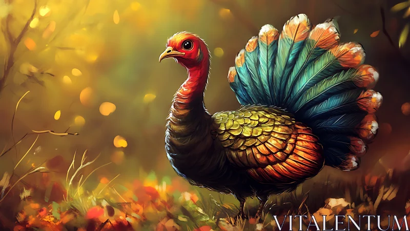 Vibrant turkey stands in glowing autumn forest light