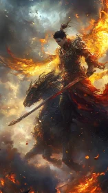 Armored fire cavalry warrior descends through volumetric flames