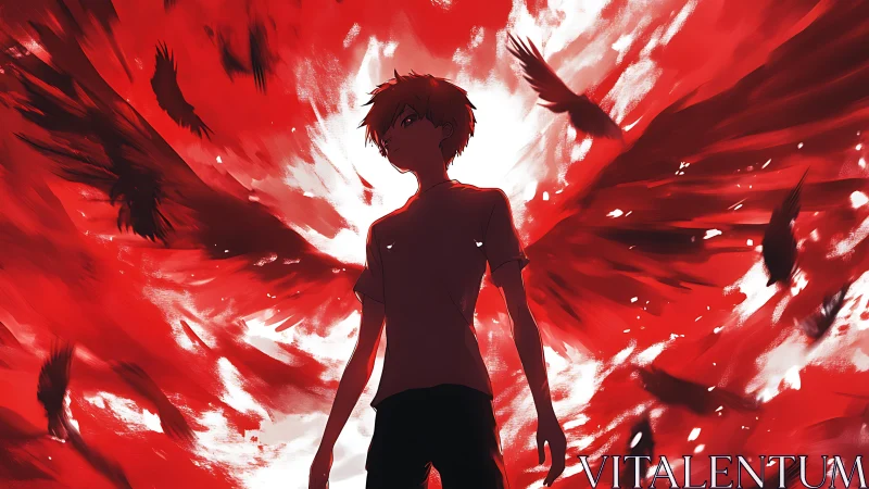 Backlit anime silhouette with explosive red winglike energy field