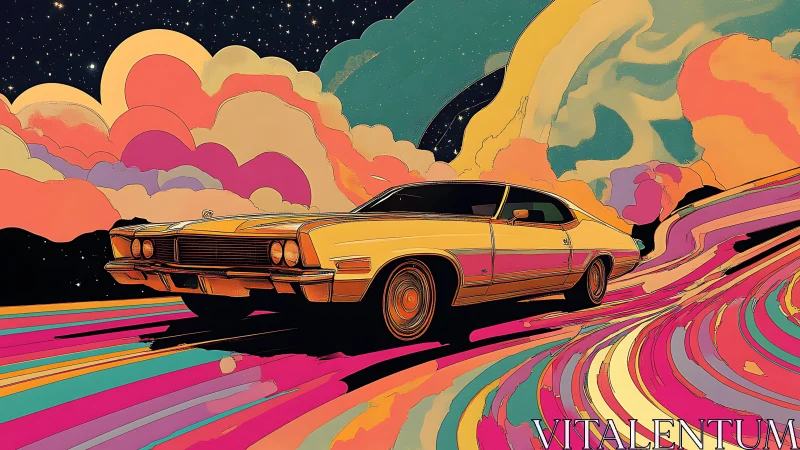 Retro muscle car surfing neon cosmic rainbow highways.