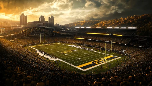 Large football stadium overlooks urban skyline at sunset