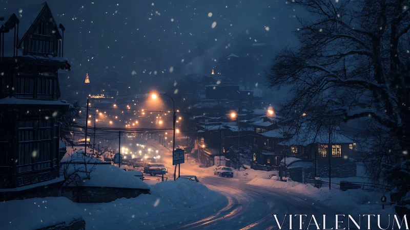 Snowy town street curves under warm lamps at blue dusk