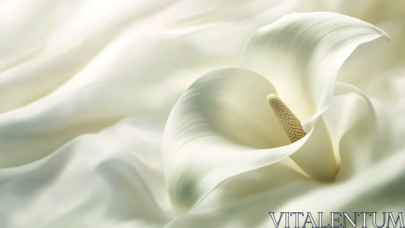 White calla lily rests over flowing satin folds softly.