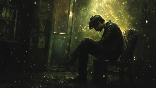 Solitary figure seated indoors under rainfall illumination.