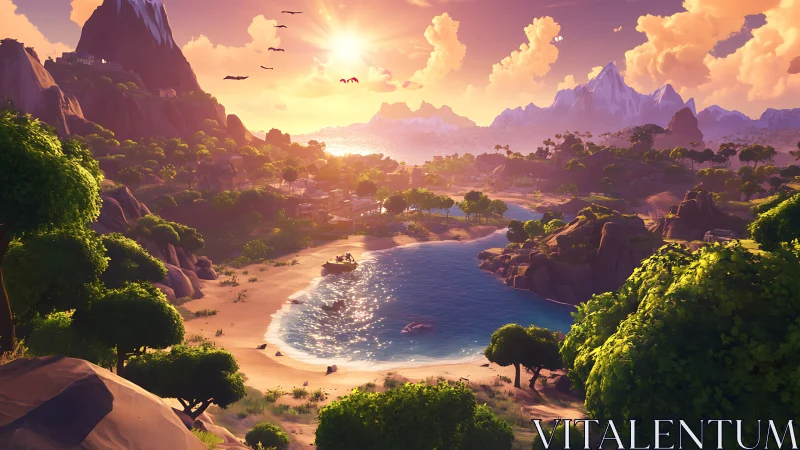 Epic Fantasy Landscape with Mountains and Glowing Cove