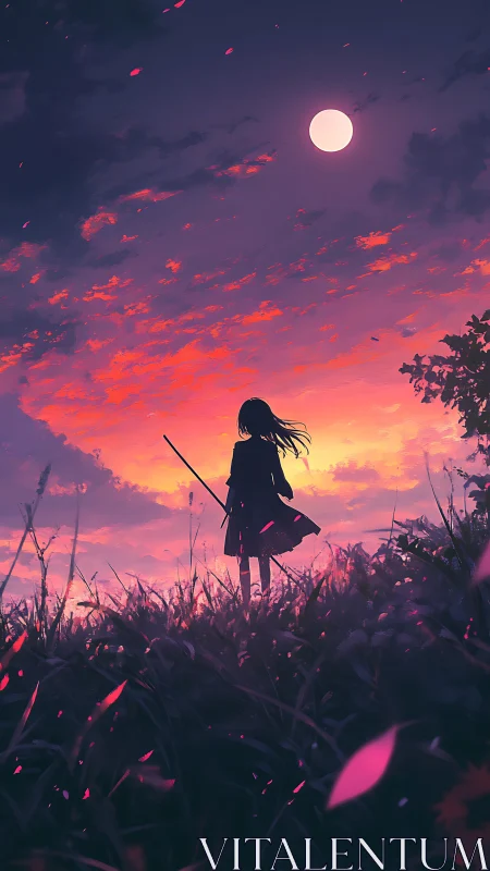Moonlit girl beneath a blazing twilight sky of wonder.