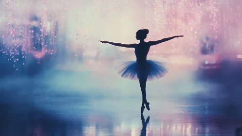 Silhouetted ballerina in misty stage environment at night.