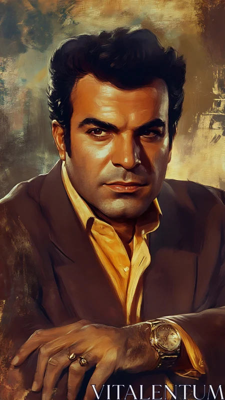 Charismatic man in warm-toned suit rendered as digital portrait