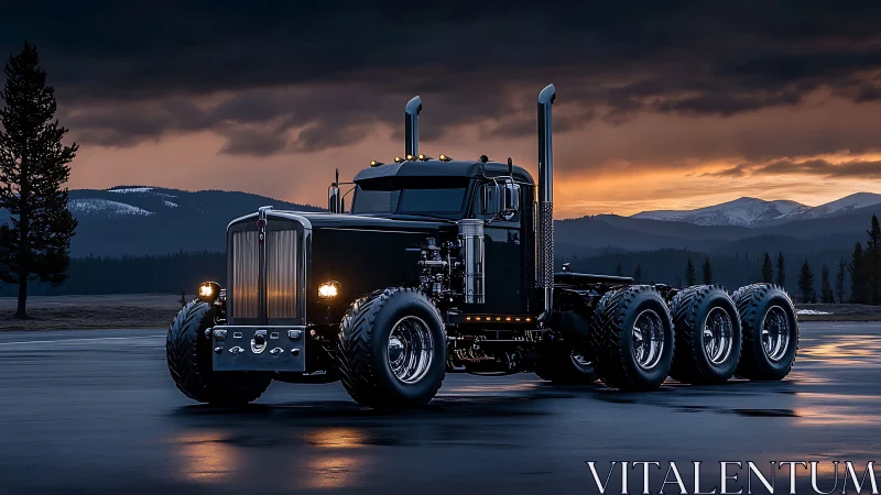 Photorealistic six-axle black semi truck at dusk in mountains.