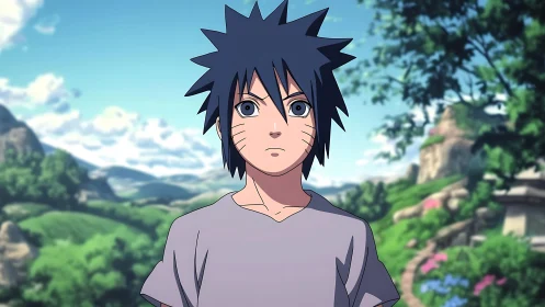 Young spiky haired wanderer studies a quiet green valley