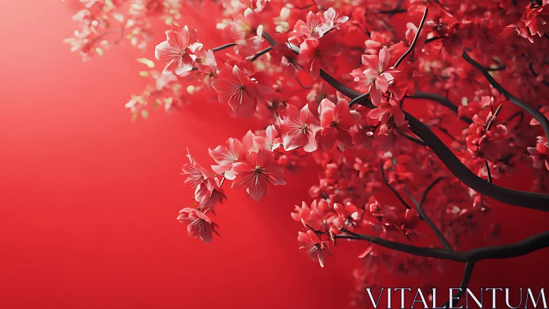 Red Cherry Blossoms Against Vibrant Background.