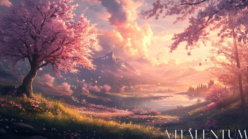 Blossom-lit valley dreaming under peach-gold evening skies.