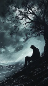 Silhouette on hillside under storm sky beside bare tree.