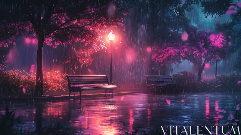 Neon rainlit park benches under dreamy cherry blossoms.