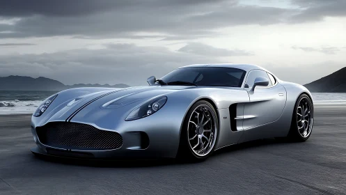 Silver sports car on coastal road under cloudy sky.