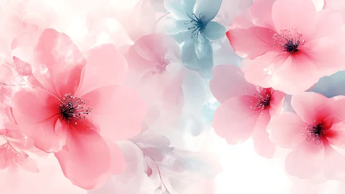 Ethereal Pink and Blue Flowers Dance in Soft Watercolor Light
