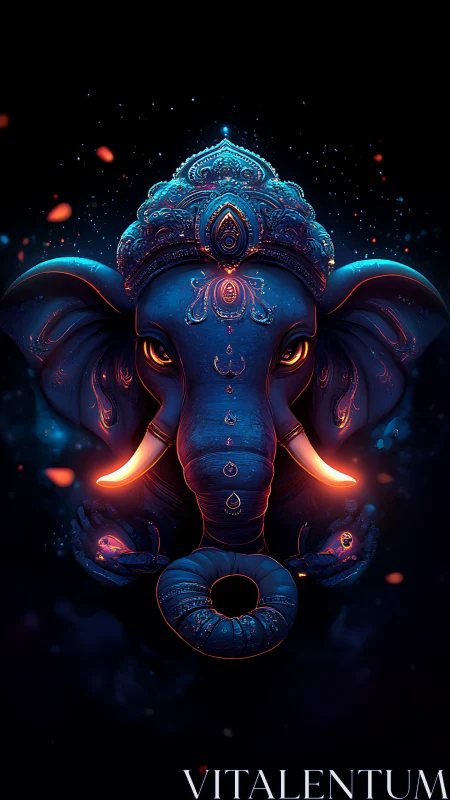 Luminous elephant deity in glowing cosmic midnight blues.