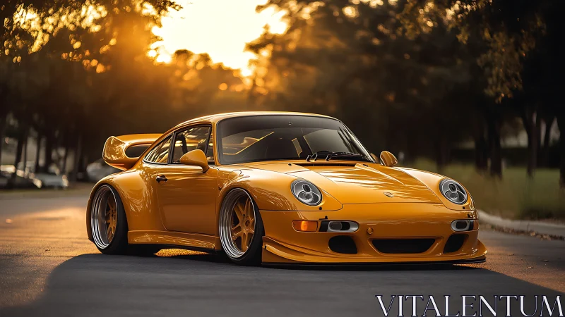 Yellow sports coupe parked on empty street at sunset.
