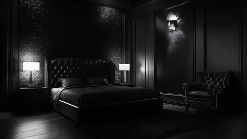 Midnight noir bedroom wrapped in velvet shadows and light.
