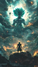 Celestial energy figure over lone warrior in stormed sky.