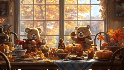 Cuddly bear bakers hosting an autumn pumpkin tea feast.