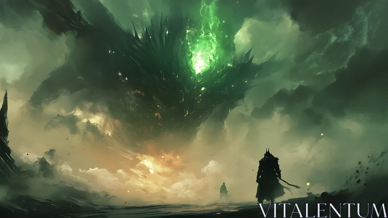 Emerald storm dragon looms above wandering shadowed heroes.